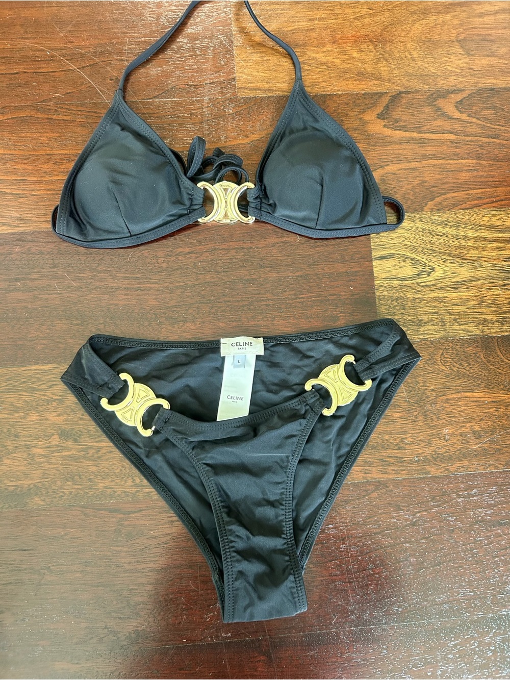 Celine Black Bikini Set with Gold C-Clasp Accents